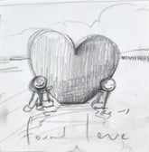 Pencil drawing of a heart-shaped object with mechanical elements on a textured background.