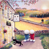 A painted village scene with a stone building labeled 'The Dog' and a sign reading 'Tut Dog'. Two small figures, one in blue and one in red, stand on a path near the building, while a black dog runs past.