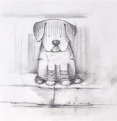 Pencil drawing of a dog sitting on a surface with a light gray background