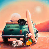 Character and dogs in car at the beach