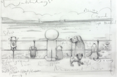 Pencil drawing of characters at a seaside setting with dogs