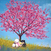 Two cartoon characters sitting under a pink cherry blossom tree with a blue sky background.