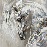 An abstract painting of a horse's head and neck rendered in expressive brushstrokes of white, grey, taupe, brown, and soft blue tones unframed
