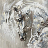 An abstract painting of a horse's head and neck rendered in expressive brushstrokes of white, grey, taupe, brown, and soft blue tones.