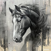 Framed artwork of a horse with abstract background