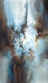 Abstract artwork featuring a luminous white and light blue central form emerging from dark brown.