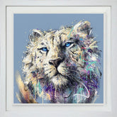 Colorful abstract painting of a lion's face on a light blue background