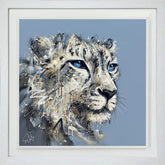 Framed artwork of a stylized snow leopard on a blue background