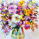 Colorful floral painting in a white frame