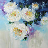 Colorful abstract painting of flowers with a white frame