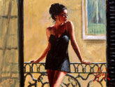 Painting of a woman in a black dress standing on a balcony.