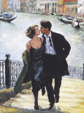 Painting of a couple embracing on a bridge over a canal with boats in the background.
