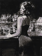 Woman at a bar holding a glass of wine with a dark, moody atmosphere.