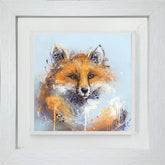 Framed artwork of a colorful fox on a light blue background