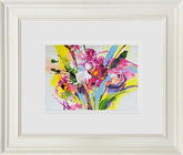 Framed abstract painting with vibrant colors on a white background