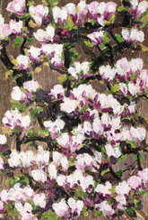 Floral artwork with pink, white and plum colours on a matalic background