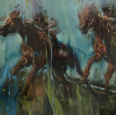 Painting of horseback riders on a grassy field with a colourful abstract background