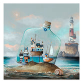 Framed artwork of a bottle with miniature houses and boats, surrounded by a coastal scene with a lighthouse.