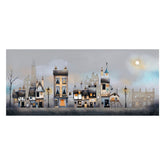 Illustration of a quaint village with lit windows on a foggy night.