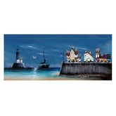 Coastal scene with lighthouse, sailboat, and houses on a pier under a starry sky.