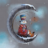 snowman in a tall striped top hat and colorful scarf standing on a snowy crescent moon, with a small fox beside him, a hanging lantern, and a small bird