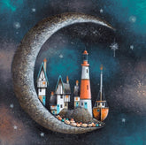 Whimsical fantasy moon & harbour artwork Gary Walton