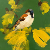 Painting of a bird perched on yellow flowers with a green background