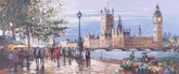 Painting of london city featuring people walking along the river with big ben in the background.