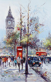 Painting of a city street with a clock tower, red telephone box, and people walking.