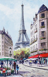 Street scene with Eiffel Tower in the background, Paris, France