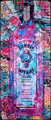 Colorful gin bottle packaging with abstract designs and text