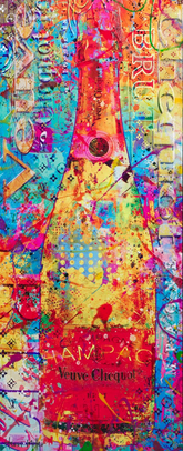 Colorful abstract painting of a bottle with text overlay