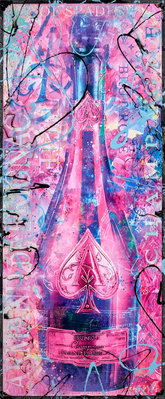 Pink bottle with ace of spades design on a colorful abstract background