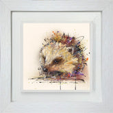Framed artwork of a colorful hedgehog on a light background