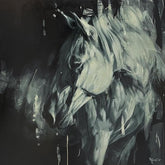 Artistic depiction of two horses in grayscale on a dark background