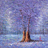 Painting of a tree in a purple landscape with a focus on texture and colour.