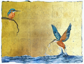 Two birds, one perched and one in flight, on a textured gold and blue background.