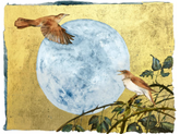 Two birds near a large moon on a textured yellow background