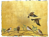 Artistic depiction of birds on a branch with a gold textured background