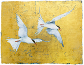 Two birds in flight on a gold background
