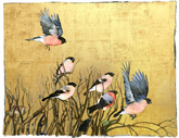 Painting of birds on a gold background