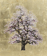 Painting of a cherry blossom tree on a textured gold background