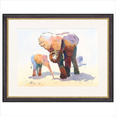 Framed artwork of two colorful elephants on a white background