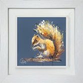 Framed artwork of a squirrel with abstract design on a blue background
