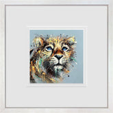 Framed artwork of a stylized tiger's face on a light blue background