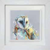 Framed artwork of a colorful owl on a gray background