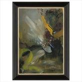 Abstract painting with bold colors in a black frame