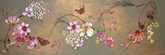 pink and white flowers with red butterfly on bronze background.