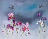 Artistic depiction of irises and dragonflies against a soft blue background
