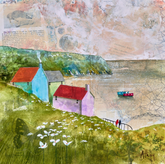 Collage of colorful houses on a hill with a map background